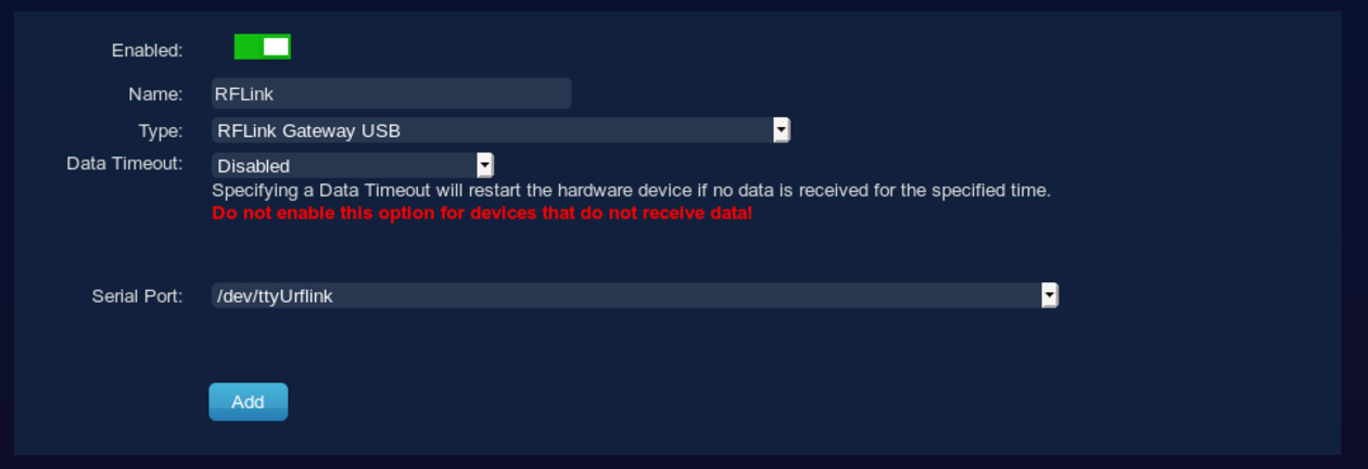 Domoticz hardware configuration for rflink with path of
ttyUrflink