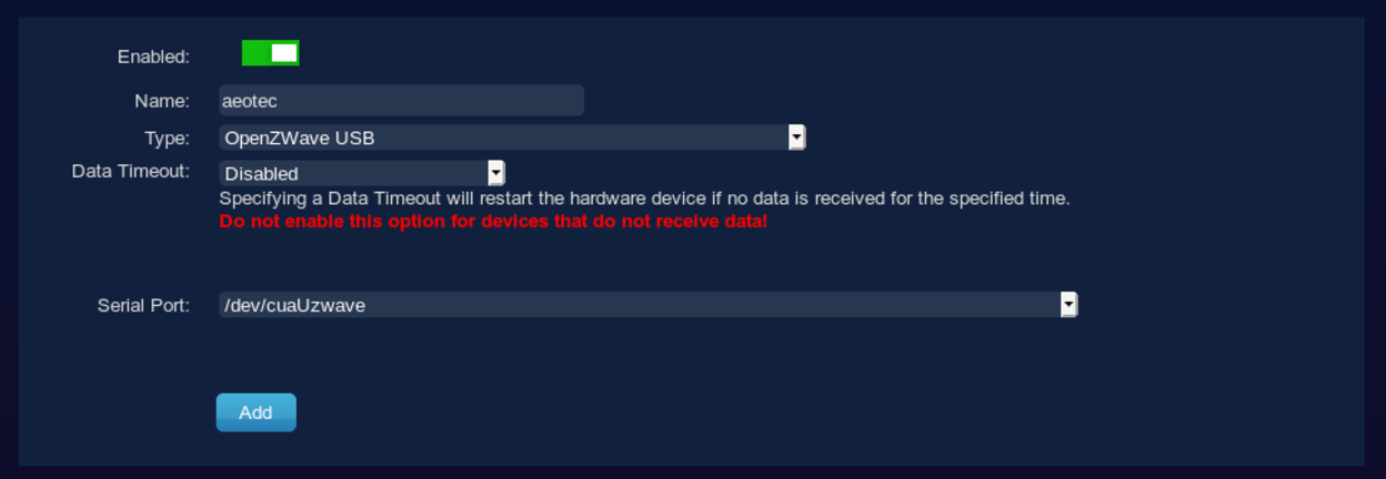 Domoticz hardware configuration for aeotec z-wave stick with path of
cuaUzwave