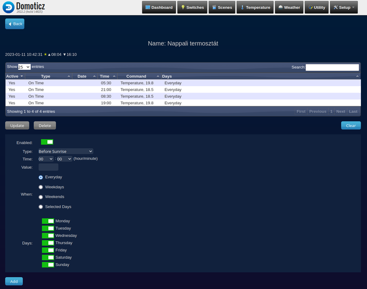 Current schedule of the living room; between 9:00 and 19:00 the gas
central heating takes over until I figure out how not to pay and arm and
a leg for electricity :(
