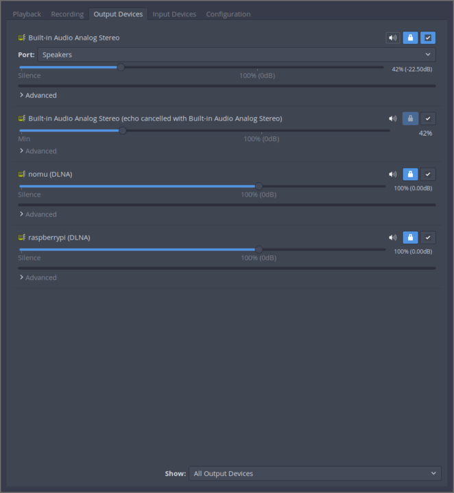 Pulseaudio on XFCE showing network DLNA sound renderers as potential
output devices