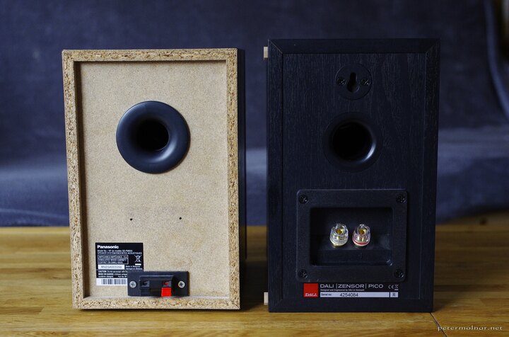 The backs start to tell the story better: the unfinished MDF and the
terminals that I added - they were bare wires - compared to the neat
banana plug terminals and the finished
surfaces